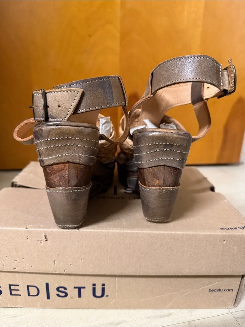 BED|STU Brown and Tan Leather Braided Wedge Sandals